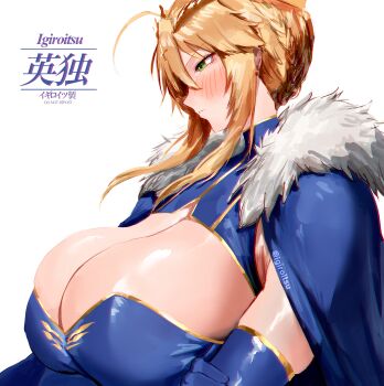 1girl absurdres ahoge artist_name artoria_pendragon_(fate) artoria_pendragon_(lancer)_(fate) blonde_hair blue_cape blue_dress blue_gloves blue_leotard blush braid braided_base braided_bun breasts bun_with_braided_base cape cleavage cleavage_cutout closed_mouth clothing_cutout commentary_request crossed_arms crown dress elbow_gloves fate/grand_order fate_(series) from_side fur-trimmed_cape fur_trim gloves green_eyes hair_bun highres huge_breasts igiroitsu large_breasts leotard long_hair parted_lips sidelocks simple_background solo white_background