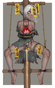 1girl absurdres after_anal after_vaginal aftersex anal_hair arms_behind_back black_hair blush body_freckles bound breasts chinese_clothes collarbone commentary cum cumdump dark-skinned_female dark_skin drooling dudou ebonyxh english_commentary execution eyes_visible_through_hair female_pubic_hair freckles grey_background hair_over_one_eye highres multicolored_hair nipple_piercing nipple_rings nipples noose ofuda ofuda_on_head open_mouth original piercing pointy_breasts pubic_hair restrained ringed_eyes rolling_eyes rope_around_neck sash scar scar_on_neck separated_legs short_hair simple_background small_breasts eylin_eyla_(ebonyxh) solo stationary_restraints steaming_body strangling stray_pubic_hair streaked_hair sweat uncensored very_sweaty white_background white_hair white_pubic_hair yellow_eyes