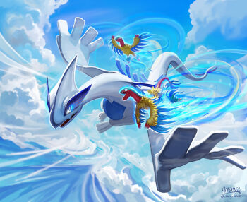 archeops blue_sky cloud day flying gen_2_pokemon gen_5_pokemon legendary_pokemon lugia mcgmark nintendo no_humans outdoors pokemon pokemon_(creature) signature sky