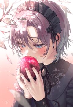 1girl absurdres apple asakura_toru black_ribbon black_shirt blurry blush commentary_request depth_of_field falling_leaves fingernails food frilled_hairband frills fruit hairband highres holding holding_food holding_fruit idolmaster idolmaster_shiny_colors leaf neck_ribbon purple_hair ribbon shikuwata shirt short_hair signature solo upper_body