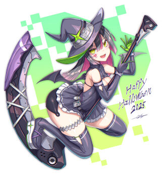 1girl 2025 black_hair boots breasts colored_inner_hair dress elbow_gloves facial_mark full_body gia gloves green_eyes grey_boots grey_dress grey_gloves halloween hat highres holding holding_scythe looking_at_viewer medium_breasts medium_hair mini_wings multicolored_hair original pink_hair platform_boots scythe solo thigh_boots two-tone_hair wings witch_hat