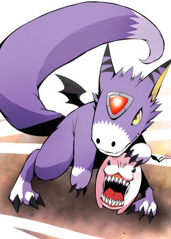 Rule 34 | absurdres, antennae, claws, digicore interface, digimon, digimon (creature), digital monster x-evolution, dorumon, highres, open mouth, pixiv user (16868844), sharp teeth, tail, teeth, tokomon, tongue, wings