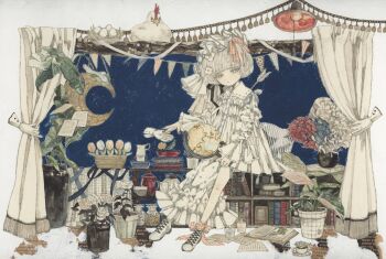 1girl acrylic_paint_(medium) arrow_(projectile) basket bird blunt_bangs book bookshelf bow bunting chicken closed_mouth commentary_request crescent_moon cup curtains dress egg flower full_body globe gloves green_eyes grey_hair hair_bow hair_flower hair_ornament hair_ribbon half-closed_eyes highres holding hydrangea jar karintoun kettle long_sleeves moon mug nest night open_book original painting_(medium) pale_skin papers plant potted_plant puffy_long_sleeves puffy_sleeves ribbon rose shoes short_hair sitting sky sneakers solo star_(sky) starry_sky succulent_plant teapot traditional_media tulip vase watercolor_(medium) white_dress white_flower white_gloves white_rose window