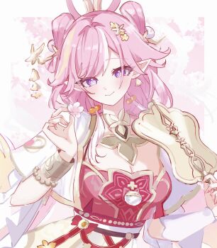 1girl blush breasts cleavage closed_mouth commentary diamond-shaped_pupils diamond_(shape) earrings elf elysia_(hi_love_elf)_(honkai_impact) elysia_(honkai_impact) elysia_(moonlit_grace)_(honkai_impact) feixianji_(hairstyle) fingernails flower hair_ornament hair_rings hand_fan highres holding holding_fan holding_flower honkai_(series) honkai_impact_3rd jewelry looking_at_viewer medium_breasts multicolored_hair official_alternate_costume pink_hair pointy_ears purple_eyes shuangyaji smile solo streaked_hair symbol-only_commentary symbol-shaped_pupils tdatnst tuanshan upper_body