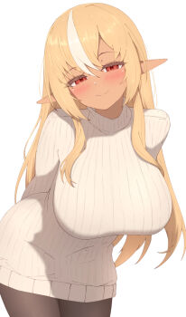 Rule 34 | 1girl, arms behind back, black pantyhose, blonde hair, blush, breasts, closed mouth, commentary, cowboy shot, dark-skinned female, dark elf, dark skin, elf, half-closed eyes, hololive, large breasts, long hair, long sidelocks, looking at viewer, multicolored hair, pantyhose, pointy ears, ribbed sweater, sen (senkuden), shiranui flare, sidelocks, simple background, smile, solo, streaked hair, sweater, symbol-only commentary, turtleneck, turtleneck sweater, two-tone hair, virtual youtuber, white background, white streaks, white sweater