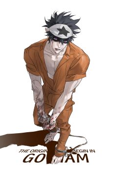 1boy absurdres alternate_costume aotu_world bandana barefoot black_hair blood blood_from_mouth blood_on_clothes blood_on_face blood_on_hands blood_splatter chain chinese_commentary collarbone cuffs english_text full_body hair_between_eyes handcuffs headband highres jumpsuit looking_at_viewer male_focus mask mask_on_head muscular muscular_male orange_pants orange_shirt pants pectoral_cleavage pectorals pointy_ears print_headband prison_clothes purple_eyes ray_(aotu_world) shackles shaded_face shadow shirt short_hair short_sleeves simple_background sleeves_rolled_up solo spiked_hair standing star_(symbol) star_print white_background white_headband yigeniuren