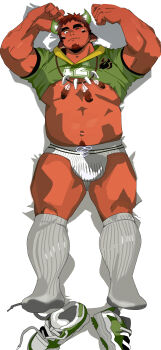 1boy abs absurdres american_football_uniform animal_ears arms_up bamashengze bara belly blush briefs brown_hair calves clothes_lift come_hither cow_boy cow_ears cow_horns dakimakura_(medium) eye_black facial_hair feather_necklace fiery_horns forked_eyebrows from_above full_body glowing_horns goatee highres horns jewelry kneehighs large_pectorals looking_at_viewer male_focus male_underwear muscular muscular_male necklace no_pants one_eye_closed pectorals shirt_lift shoes short_hair smile socks solo spiked_hair sportswear strongman_waist thick_eyebrows thick_thighs thighs tokyo_houkago_summoners underpec underwear unworn_shoes wakan_tanka white_male_underwear