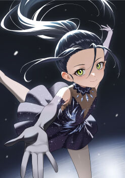 1girl black_dress black_gloves black_hair chinese_commentary commentary_request dress earrings elbow_gloves figure_skating figure_skating_dress gloves hair_pulled_back highres jewelry kamisaki_hikaru leg_up long_hair looking_at_viewer medalist_(manga) outstretched_arms ponytail short_dress sleeveless sleeveless_dress solo spread_arms standing standing_on_one_leg stud_earrings yellow_eyes youxi&#039;an_de_fan