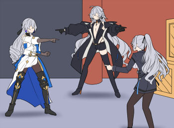 Rule 34 | 3girls, asumi kana, asymmetrical clothes, benghuai xueyuan, black coat, black gloves, black leotard, black pants, black pantyhose, black thighhighs, blue coat, blue skirt, box, breasts, bronya rand, bronya zaychik, bronya zaychik (outstanding attitude), bronya zaychik (silverwing: n-ex), coat, company connection, dress, drill hair, gloves, grey hair, honkai: star rail, honkai (series), honkai impact 3rd, large breasts, leotard, leotard under clothes, long hair, meme, multiple girls, nabeiro kin, name connection, pants, pantyhose, pointing spider-man (meme), single pantsleg, single thighhigh, skirt, thighhighs, trait connection, very long hair, voice actor connection, white dress