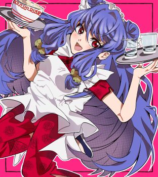 Rule 34 | 1girl, absurdres, apron, bell, blush, chinese clothes, commentary request, double bun, hair bell, hair bun, hair ornament, highres, holding, holding tray, kxjx1983, long hair, maid apron, maid headdress, open mouth, pink background, purple hair, ranma 1/2, red eyes, shampoo (ranma 1/2), sidelocks, smile, tray, white apron