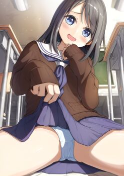 1girl absurdres black_hair blue_eyes blush brown_cardigan cardigan classroom clothes_lift commentary_request crotch_seam embarrassed grey_neckerchief grey_skirt highres indoors lifting_own_clothes long_sleeves looking_at_viewer medium_hair neckerchief negimiso1989 on_floor open_mouth original panties parted_bangs raised_inner_eyebrows sailor_collar school_uniform serafuku sitting skirt skirt_lift sleeves_past_wrists solo spread_legs underwear white_panties white_sailor_collar