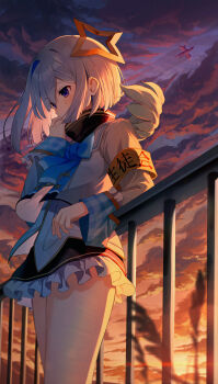 1girl absurdres amane_kanata armband blue_bow blue_bowtie bow bowtie cloud cloudy_sky commentary dragon frilled_skirt frilled_sleeves frills grey_hair highres hololive jacket long_hair looking_to_the_side pension_z purple_eyes skirt sky solo standing symbol-only_commentary