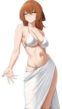 Rule 34 | 1girl, absurdres, bikini, breasts, brown hair, casperrin, cleavage, closed mouth, commentary, english commentary, girls' frontline, girls' frontline 2: exilium, green eyes, hair between eyes, highres, large breasts, light smile, long hair, looking at viewer, navel, sarong, solo, springfield (girls' frontline), swimsuit, white background, white bikini, white sarong