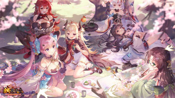animal bare_shoulders black_cat black_shoes blonde_hair breasts brown_eyes brown_hair bug butterfly cat character_request cherry_blossoms cherry_tree cleavage closed_mouth copyright_logo copyright_notice cup dango dress flower food food_request glasses grass green_eyes hair_ornament hairclip highres holding holding_paintbrush horns houchi_shoujo insect lap_pillow large_breasts logo long_hair looking_back low_ponytail midriff multiple_girls official_art on_grass orange_eyes outdoors paintbrush painting_(action) pale_skin parallel_hairclips picnic picnic_blanket pink_eyes pink_flower pink_hair ponytail red_eyes red_hair red_streaks seiza shade shoes short_hair sitting smile teacup teapot teeth upper_teeth_only wagashi white_dress white_hair