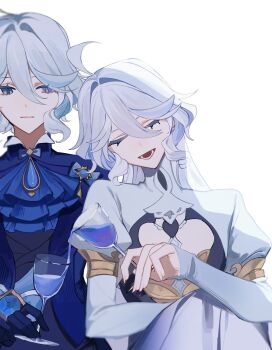 2girls ahoge armlet ascot black_vest blue_ascot blue_bow blue_eyes blue_gemstone blue_gloves blue_hair blue_jacket bow closed_eyes closed_mouth clothing_cutout cup dress drink drinking_glass drop-shaped_pupils dual_persona empty_eyes fingernails focalors_(genshin_impact) furina_(genshin_impact) gem genshin_impact gloves gold_armlet gold_trim grey_hair hair_between_eyes hand_up heart_cutout heterochromia highres holding holding_cup huge_ahoge jacket jewelry juliet_sleeves lapels long_fingernails long_hair long_sleeves looking_at_another multicolored_hair multiple_girls mumu_003 no_headwear open_clothes open_jacket open_mouth pendant pouring puffy_sleeves purple_eyes short_hair sidelocks simple_background smile symbol-shaped_pupils teeth two-tone_hair upper_body vest white_background white_dress