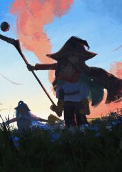 &gt;_&lt; 1boy 3girls :d absurdres aqua_(konosuba) aqua_hair blonde_hair blue_flower blue_sky brown_hair cape carrying carrying_person darkness_(konosuba) evening field flower flower_field green_cape hat highres holding holding_staff kono_subarashii_sekai_ni_shukufuku_wo! koukouya mage_staff megumin multiple_girls one_eye_closed open_mouth outdoors piggyback red_cape red_clouds satou_kazuma sky smile staff sunset weapon witch witch_hat