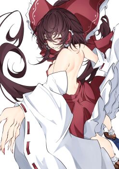 Rule 34 | 1girl, absurdres, backless outfit, bow, breasts, brown hair, detached sleeves, fingernails, frilled bow, frilled hair tubes, frills, grin, hair between eyes, hair tubes, hakurei reimu, highres, long hair, looking at viewer, looking to the side, median furrow, medium breasts, nail polish, red eyes, simple background, smile, socks, solo, touhou, unanooo (fthx7532), very long hair, white background, white socks