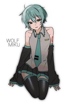 1girl alternate_hair_length_(shorter) aqua_eyes aqua_hair aqua_necktie arm_tattoo bare_shoulders black_boots black_skirt boots character_name collarbone collared_shirt commentary_request d2nto detached_sleeves english_text eyelashes full_body grey_shirt hair_between_eyes hatsune_miku headset highres kneeling necktie open_mouth shirt short_hair simple_background skirt sleeves_past_wrists smile solo tattoo vocaloid white_background wolf_cut
