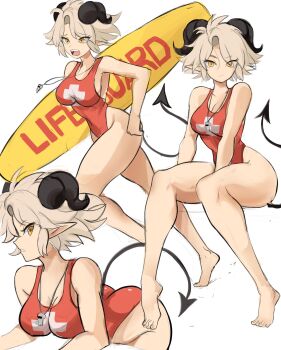 Rule 34 | 1girl, breasts, fangs, feet, full body, highres, horns, large breasts, lifeguard, open mouth, original, pointy ears, rakeemspoon, sitting, surfboard, susan (rakeemspoon), swimsuit, tail, whistle, white background, white hair, yellow eyes