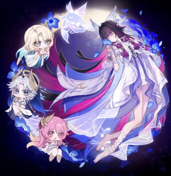 4girls :d ahe63011 aria_(genshin_impact) arm_ribbon barefoot black_hair blonde_hair blue_eyes blue_flower blue_hair blue_veil blunt_bangs bow canon_(genshin_impact) chibi closed_eyes closed_mouth colored_inner_hair columbina_(genshin_impact) commentary crescent crescent_moon detached_sleeves dress english_commentary eye_mask eyelashes facial_mark feathered_wings flower forehead_mark full_body genshin_impact gladiator_sandals gradient_hair grey_hair hair_intakes hair_ornament hair_ribbon hand_up head_wings highres holding holding_flower laurel_crown leg_ribbon long_hair luonnotar_(genshin_impact) mask mole mole_under_mouth moon multicolored_eyes multicolored_hair multiple_girls multiple_wings open_mouth own_hands_together parted_bangs parted_lips petals pink_eyes pink_hair purple_hair ribbon sandals short_hair short_hair_with_long_locks sidelocks smile sonnet_(genshin_impact) streaked_hair veil very_long_hair white_bow white_dress white_mask white_ribbon white_sleeves white_wings wide_sleeves wing_hair_ornament wings yellow_eyes