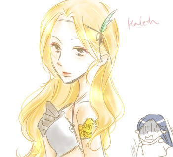 Rule 34 | 1boy, 1girl, blonde hair, caranthir, character name, closed mouth, elf, eyebrows, eyebrows hidden by hair, eyelashes, feather hair ornament, hair ornament, haleth, hidden eyes, jelly rosepi, looking at viewer, motion lines, pointy ears, simple background, sweat, sweatdrop, the silmarillion, tolkien's legendarium, white background