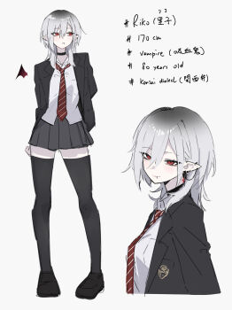 Rule 34 | 1girl, black choker, black jacket, black thighhighs, breasts, channyy19, choker, cross, cross earrings, ear piercing, earrings, english text, face piercing, hair between eyes, jacket, japanese text, jewelry, lip piercing, lip ring, medium breasts, medium hair, multiple views, necktie, original, piercing, pointy ears, red eyes, red necktie, reference sheet, riko (channyy19), shirt, solo, striped clothes, striped necktie, thighhighs, thighs, vampire, white background, white shirt