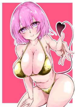 1girl absurdres armpits artist_request bikini blush breasts cleavage demon_tail gold_bikini highres large_breasts looking_at_viewer momo_velia_deviluke navel pink_hair purple_eyes short_hair simple_background smile solo standing stomach swimsuit tail thighs to_love-ru