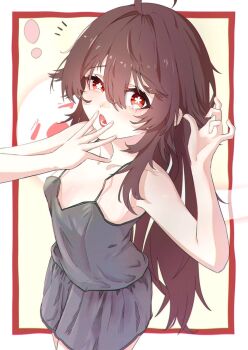 1girl ahoge alternate_costume black_camisole black_shorts boo_tao_(genshin_impact) border brown_hair camisole cowboy_shot flat_chest flower-shaped_pupils genshin_impact ghost hashtag-only_commentary hu_tao_(genshin_impact) long_hair looking_at_viewer open_mouth red_border red_eyes shorts sidelocks simple_background solo symbol-shaped_pupils yawning yonemasakouta