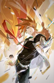 1boy absurdres beak bird black_pants black_shirt blue_oak_(arc_suit) brown_eyes brown_hair closed_mouth fiy1827565 fur_trim gem gen_1_pokemon green_gemstone grin highres jacket jewelry looking_at_viewer mega_pidgeot mega_pokemon necklace nintendo official_alternate_costume open_clothes open_jacket open_mouth pants pidgeot plum poke_ball pokemon pokemon_masters_ex red_eyes shirt short_hair smile spiked_hair teeth ultra_ball white_jacket wings