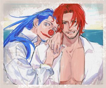 2boys blue_eyes broad_shoulders buggy_the_clown cloud cloudy_sky clown clown_nose dress_shirt facial_hair goatee_stubble grin hair_intakes highres hug large_pectorals long_hair makeup male_focus multiple_boys ocean one_piece open_clothes open_shirt pectorals red_hair red_lips red_nose shanks_(one_piece) shirt short_hair sky smile stubble vamos_mk yaoi