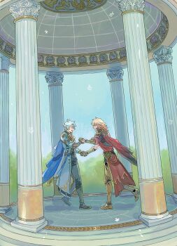 2boys antenna_hair architecture arm_tattoo armlet armor black_boots black_choker black_coat black_gloves black_pants black_shirt blonde_hair blue_cape blue_eyes blue_sky boots braid cape choker clawed_gauntlets coat commentary earrings english_commentary fingerless_gloves from_side gloves gold_earrings gold_necklace gradient_hair greco-roman_architecture highres holding_hands honkai:_star_rail honkai_(series) jewelry knee_boots male_focus medium_hair multicolored_hair multiple_boys mydei_(honkai:_star_rail) necklace open_clothes open_coat outdoors p1enon pants parted_bangs pauldrons phainon_(honkai:_star_rail) profile red_cape red_hair red_tattoo shirt short_hair shoulder_armor side_braid side_cape single_glove single_pauldron sky tattoo white_coat white_hair yaoi yellow_eyes