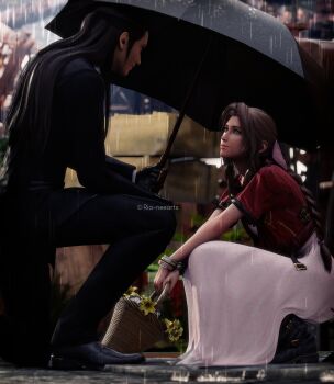 1boy 1girl 3d aerith_gainsborough belt black_hair boots bracelet braid brown_hair dress dress_shoes final_fantasy final_fantasy_vii final_fantasy_vii_remake flower flower_basket formal_clothes gloves green_eyes hair_pulled_back highres holding holding_umbrella jacket jewelry lily_(flower) long_hair pink_dress rain red_jacket ria-neearts ribbon square_enix straight_hair suit tseng turks umbrella wavy_hair yellow_flower