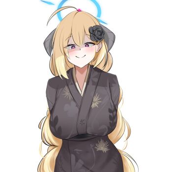 1girl ahoge akari_(blue_archive) akari_(new_year)_(blue_archive) arms_behind_back blonde_hair blue_archive blue_halo breasts commentary_request demon_girl demon_horns floral_print flower hair_between_eyes hair_flower hair_ornament halo highres horns huge_breasts jahe_(73732258) japanese_clothes kimono korean_commentary korean_text long_hair looking_down official_alternate_costume pink_pupils simple_background smile speech_bubble translation_request