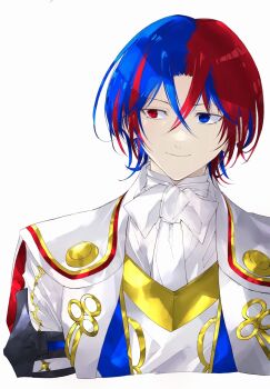 1boy blue_eyes blue_hair crossed_bangs fire_emblem fire_emblem_engage hair_between_eyes heterochromia highres konnichi_warou male_alear_(fire_emblem) male_focus multicolored_hair nintendo prince red_eyes red_hair smile split-color_hair two-tone_hair