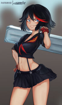 1girl artist_name black_hair black_shirt black_skirt blue_eyes blurry blurry_background breasts cropped_shirt feet_out_of_frame female_focus fingerless_gloves gloves grin hand_on_own_hip hand_up highres kill_la_kill large_breasts looking_at_viewer matoi_ryuuko mayhem_art medium_hair midriff miniskirt multicolored_hair navel red_gloves red_hair shirt skirt smile solo standing teeth two-tone_hair