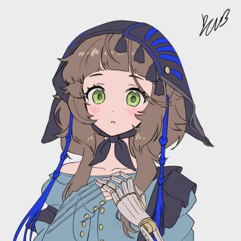 1girl :o black_coif blue_shirt brown_hair chinstrap coppelia_(reverse:1999) green_eyes grey_background hands_up highres looking_at_viewer mechanical_arms medium_hair mossi_(mossi0816) own_hands_together prosthesis prosthetic_arm reverse:1999 shirt single_bare_shoulder single_mechanical_arm single_off_shoulder solo upper_body