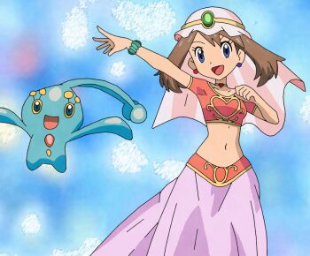 1girl amayzing2002 arm_up bad_tag bangle belly_dancing blue_eyes bracelet brown_hair commentary crop_top earrings english_commentary gen_4_pokemon headpiece highres jewelry legendary_pokemon long_skirt looking_at_viewer manaphy may_(pokemon) midriff mythical_pokemon nintendo open_mouth pokemon pokemon_(anime) pokemon_(creature) pokemon_dppt_(anime) simple_background skirt smile veil waving