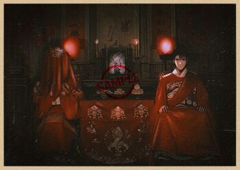 1boy black_eyes border candlestand film_grain full_body funeral hand_on_knees hat highres iei kim_dokja lantern looking_at_viewer male_focus omniscient_reader&#039;s_viewpoint paper_lantern red_robe robe sidelighting sitting table toupou39 yellow_border yoo_joonghyuk