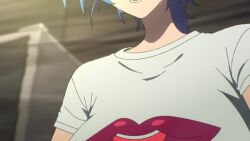 1girl animated anime_screenshot blue_eyes blue_hair bouncing_breasts breasts closed_eyes highres instrument isemi_tina keyboard_(instrument) large_breasts navel open_mouth rock_wa_lady_no_tashinami_deshite shirt smile solo stomach sweat t-shirt tagme undersized_clothes video white_shirt