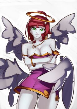 1girl angel_wings body_freckles breasts cleavage dress earrings feathered_wings freckles freckles_on_breasts gold_earrings green_eyes halo heart heart_necklace highres hoop_earrings jewelry large_breasts looking_at_viewer necklace panties pantyshot red_hair rubi_(wings_of_vi) short_dress short_hair simple_background splashbrush thighs underwear wings wings_of_vi