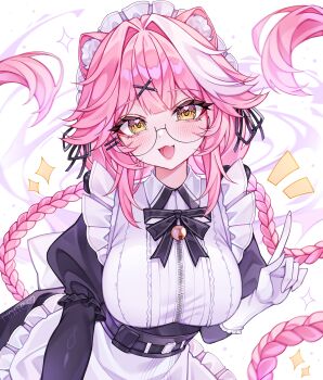 Rule 34 | 1girl, absurdres, animal ear fluff, animal ears, apron, artist name, bell, black bow, blush, bow, braid, breasts, cat ears, center-flap bangs, center frills, collared dress, commentary, dress, english commentary, fang, frilled apron, frills, glasses, gloves, hair intakes, hair ornament, heart, heart in eye, highres, hololive, hololive english, index finger raised, juliet sleeves, long hair, long sleeves, looking at viewer, low twin braids, maid, maid headdress, multicolored hair, notice lines, official alternate costume, official alternate hairstyle, open mouth, panther ears, panther girl, pink hair, puffy sleeves, raora panthera, raora panthera (maid), rinne (rinne oi), round eyewear, skin fang, smile, solo, sparkle, streaked hair, symbol in eye, twin braids, upper body, white gloves, white hair, x hair ornament, yellow eyes