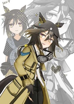 1girl animal_ears asymmetrical_shirt black_gloves black_hair black_shirt blue_shirt blush brown_eyes brown_hair camouflage camouflage_pants casual closed_mouth coat collared_shirt commentary_request ear_covers fanny_pack feather_hair_ornament feathers gloves goggles goggles_around_neck hair_between_eyes hair_ornament highres horse_ears horse_girl horse_tail knife knife_sheath levi_asu14 long_hair looking_at_viewer multicolored_hair open_mouth pants sheath shirt smile stay_gold_(casual)_(umamusume) stay_gold_(sunlit_outsider)_(umamusume) stay_gold_(umamusume) streaked_hair tail torn_clothes torn_pants umamusume white_hair white_shirt wrist_belt yellow_coat zoom_layer