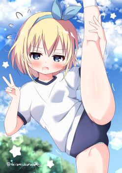 1girl blonde_hair blue_eyes blue_sky buruma gym_uniform highres sky split standing standing_on_one_leg standing_split