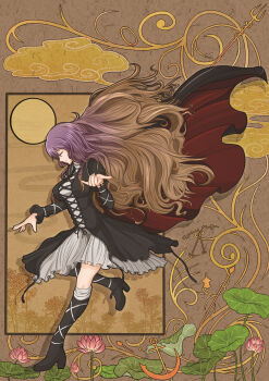 1girl anchor art_nouveau bishamonten's_pagoda blonde_hair boots breasts brown_hair cape closed_eyes cloud dowsing_rod dress female_focus flower furuore_(rabi0228) gradient_hair highres hijiri_byakuren hishaku houjuu_nue jewelry kumoi_ichirin lance lily_pad long_hair long_sleeves multicolored_hair murasa_minamitsu nazrin polearm purple_hair ring serpent smile solo toramaru_shou touhou trident two-tone_hair weapon