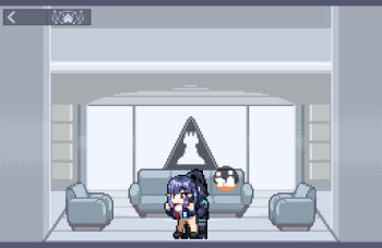 1boy 1girl animated animated_gif arknights black_footwear blue_hair blue_jacket bottomless bouncing_breasts breasts closed_mouth closure_(arknights) commentary_request cum cum_in_pussy cum_overflow doctor_(arknights) hetero jacket male_doctor_(arknights) medium_breasts one_eye_closed open_mouth pixel_art pointy_ears red_eyes sex sex_from_behind shirt standing standing_sex testest user_interface white_shirt