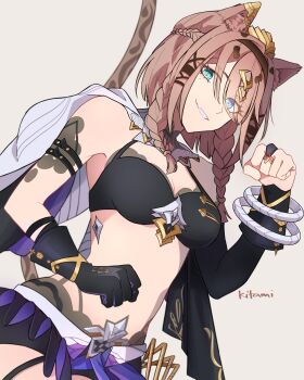 1girl animal_ears artist_name asymmetrical_gloves bikini bikini_top_only black_bikini black_gloves blue_eyes breasts brown_background brown_hair cat_ears cat_girl cat_tail cleavage commentary_request gloves green_eyes grin heterochromia highres honkai_(series) honkai_impact_3rd kitamiteo looking_back medium_breasts mismatched_gloves mole mole_under_eye pardofelis pardofelis_(reverist_calico) short_hair simple_background smile solo swimsuit tail teeth