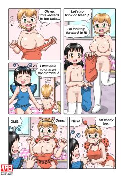 2girls antennae arthropod_girl bandaid bandaid_on_face bandaid_on_nose bed bedroom black_hair blonde_hair blue_leotard blue_skirt blush boots breasts breasts_out brown_eyes bulging_eyes butterfly_girl butterfly_wings censored choker closed_eyes collarbone comic dressing embarrassed fake_antennae fake_wings flat_chest flying_sweatdrops freckles green_eyes halloween halloween_costume heart heart_choker holding holding_unworn_clothes huge_breasts insect_wings kneeling leaning_forward leotard loli long_hair looking_at_another looking_down marup missing_tooth multiple_girls musical_note navel nipples nude open_mouth oppai_loli orange_leotard original pillow pussy short_hair skirt smile speech_bubble spoken_musical_note standing surprised sweat teeth thigh_boots thumbs_up torn_clothes torn_leotard trembling undersized_clothes unworn_leotard white_boots window wings