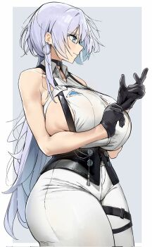 1girl adjusting_clothes adjusting_gloves black_choker black_corset blue_eyes breasts brid_(nikke) brid_(silent_track)_(nikke) chest_harness choker collared_shirt commentary corset dotthebot earrings gloves goddess_of_victory:_nikke hair_over_one_eye harness highres jewelry large_breasts long_hair looking_at_viewer pants shirt sideboob sideless_shirt sleeveless solo white_pants white_shirt