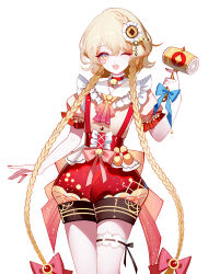 Rule 34 | 1girl, ;d, ascot, bell, blonde hair, braid, choker, commentary request, cowboy shot, frilled choker, frills, hammer, hand up, highres, holding, holding hammer, jingle bell, long hair, looking at viewer, neck bell, one eye closed, open mouth, original, pink ascot, puffy short sleeves, puffy shorts, puffy sleeves, red choker, red shorts, sheya, shirt, short sleeves, shorts, simple background, smile, solo, standing, suspender shorts, suspenders, twin braids, very long hair, white background, yellow eyes