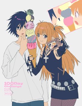 Rule 34 | 1boy, 1girl, :o, amane misa, bags under eyes, belt, betti (xx betti), black belt, black dress, black eyes, black gloves, black hair, black nails, brown eyes, camera, cross, cross necklace, death note, dress, fingerless gloves, fishnet pantyhose, fishnets, food, gloves, goth fashion, hair between eyes, highres, holding, holding camera, holding ice cream cone, ice cream, ice cream cone, jewelry, l (death note), long hair, long sleeves, multiple scoops, necklace, pantyhose, selfie, shirt, short hair, short twintails, signature, skull necklace, smile, twintails, white shirt